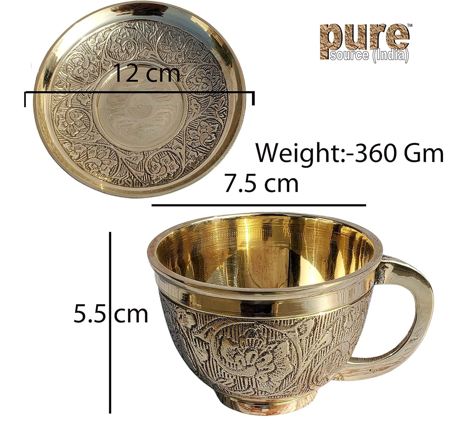 Pure Source India Premium Solid Brass Tea Cup & Saucer Set of 2, 130 ML Golden Brass Chai Coffee Cups | Traditional Indian Tea Cups for Home, Kitchen, Dining & Gifting