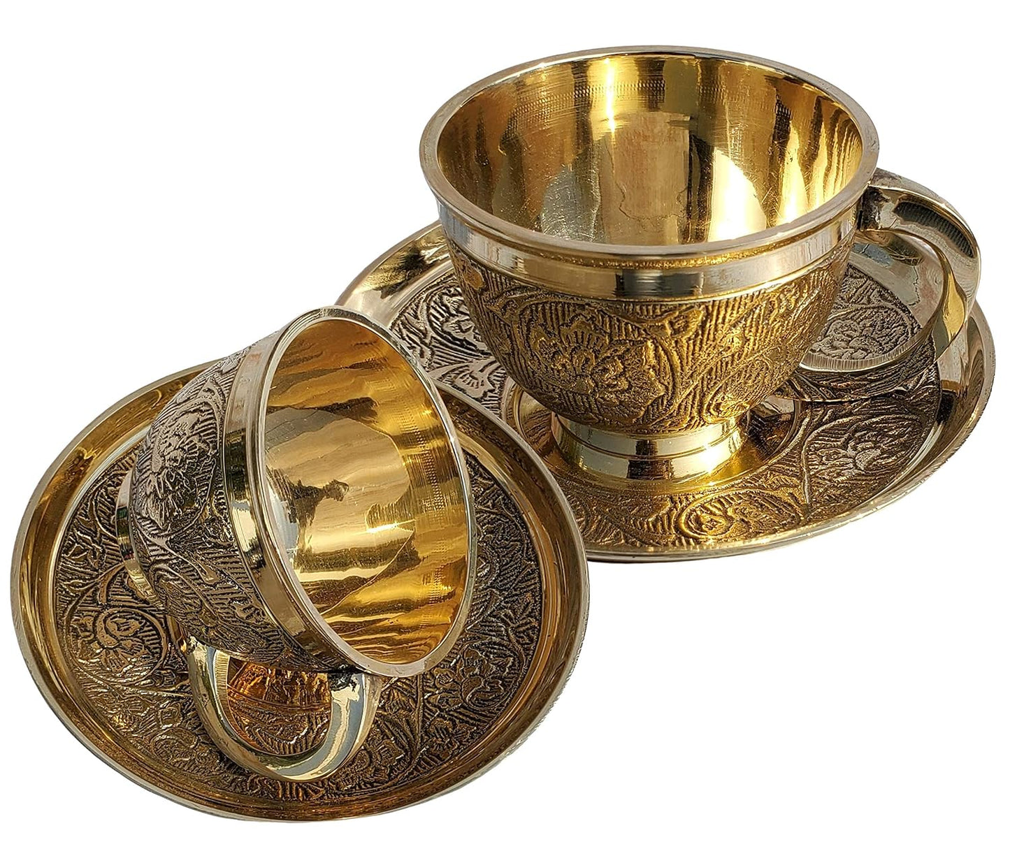 Pure Source India Premium Solid Brass Tea Cup & Saucer Set of 2, 130 ML Golden Brass Chai Coffee Cups | Traditional Indian Tea Cups for Home, Kitchen, Dining & Gifting