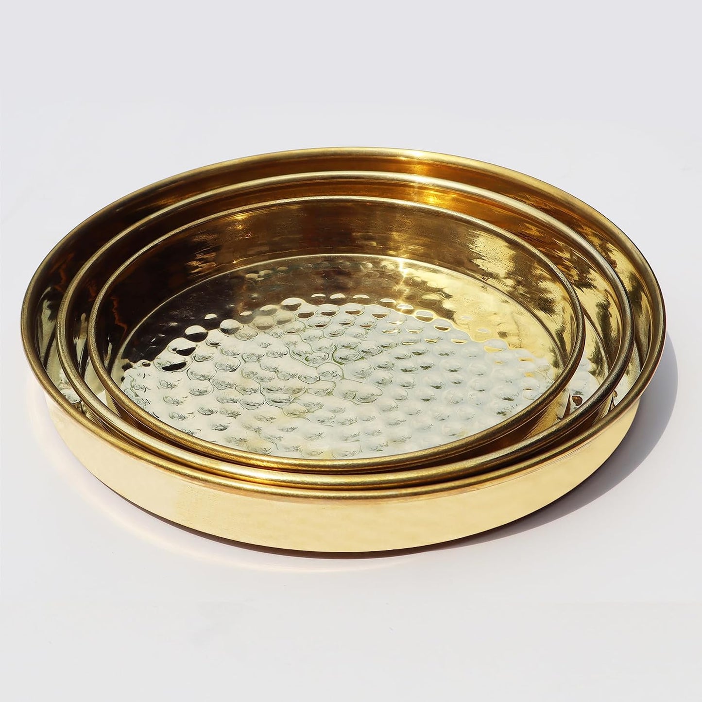 Pure Source India Pure Brass Hammered Thali Set of 3, 6, 7 & 8 Inch Traditional Indian Brass Serving Plates | Pooja Thali, Dining Plates, Prasad, Festive Serving & Gifting
