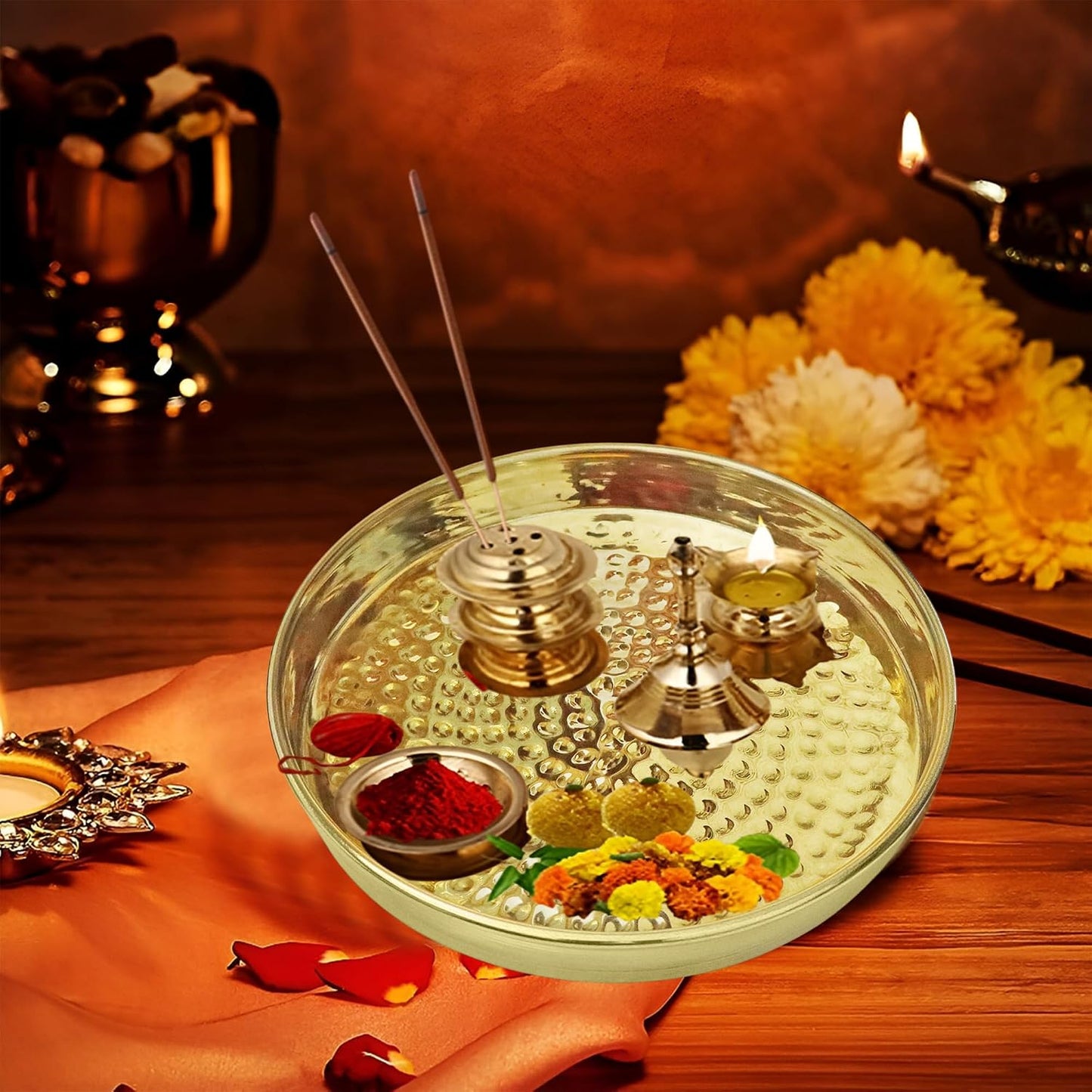 Pure Source India Pure Brass Hammered Thali Set of 3, 6, 7 & 8 Inch Traditional Indian Brass Serving Plates | Pooja Thali, Dining Plates, Prasad, Festive Serving & Gifting