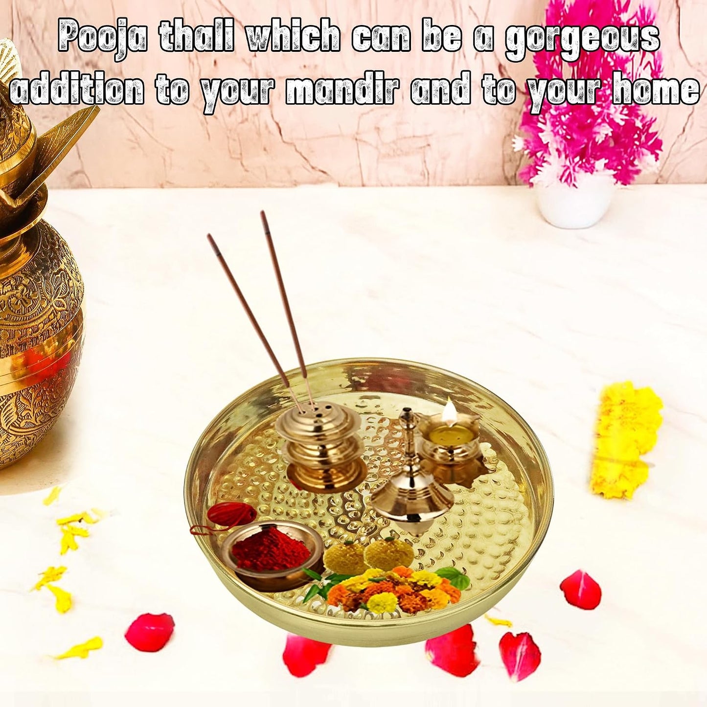Pure Source India Pure Brass Hammered Thali Set of 3, 6, 7 & 8 Inch Traditional Indian Brass Serving Plates | Pooja Thali, Dining Plates, Prasad, Festive Serving & Gifting
