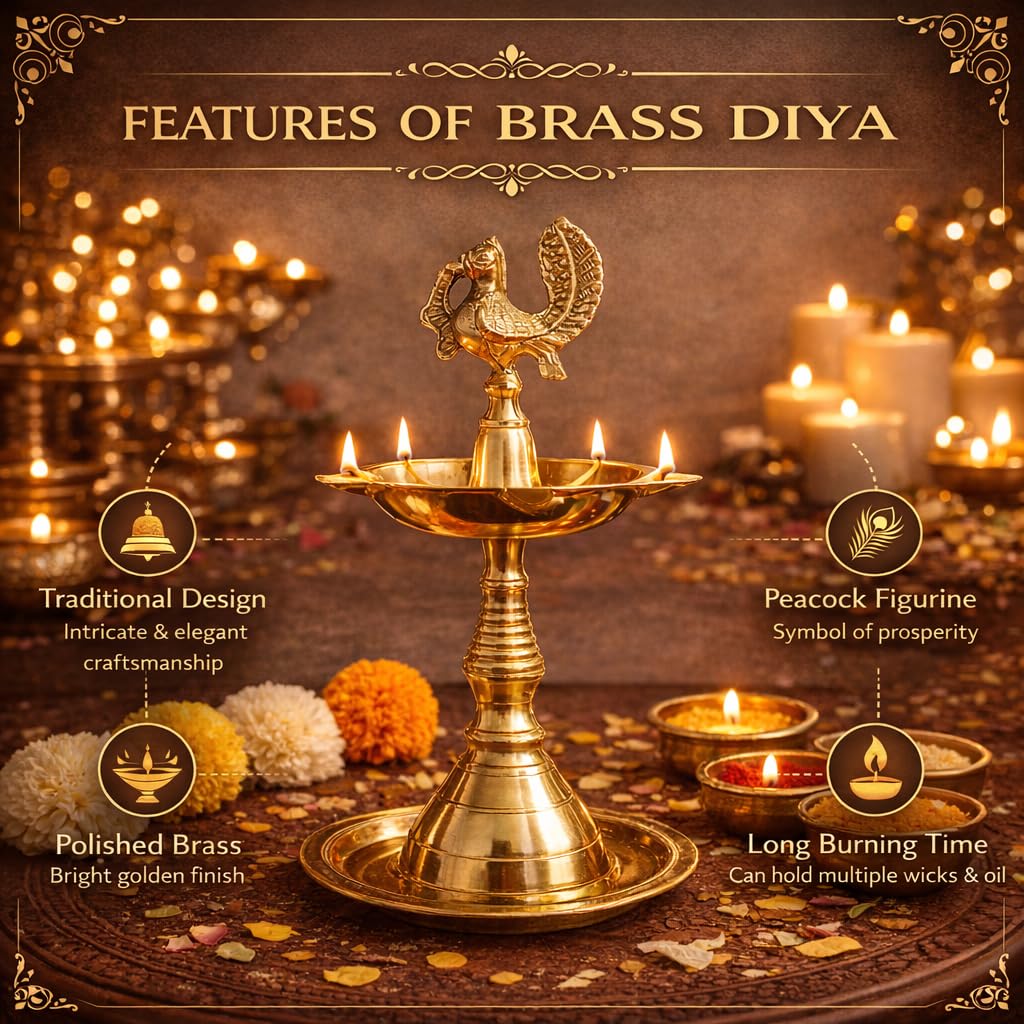 Pure Source India Panchmukhi Brass Oil Lamp, Traditional Peacock Diya | 10.5 Inch Tall Deepam for Pooja, Aarti, Diwali, Home Temple, Mandir & Religious Ceremonies