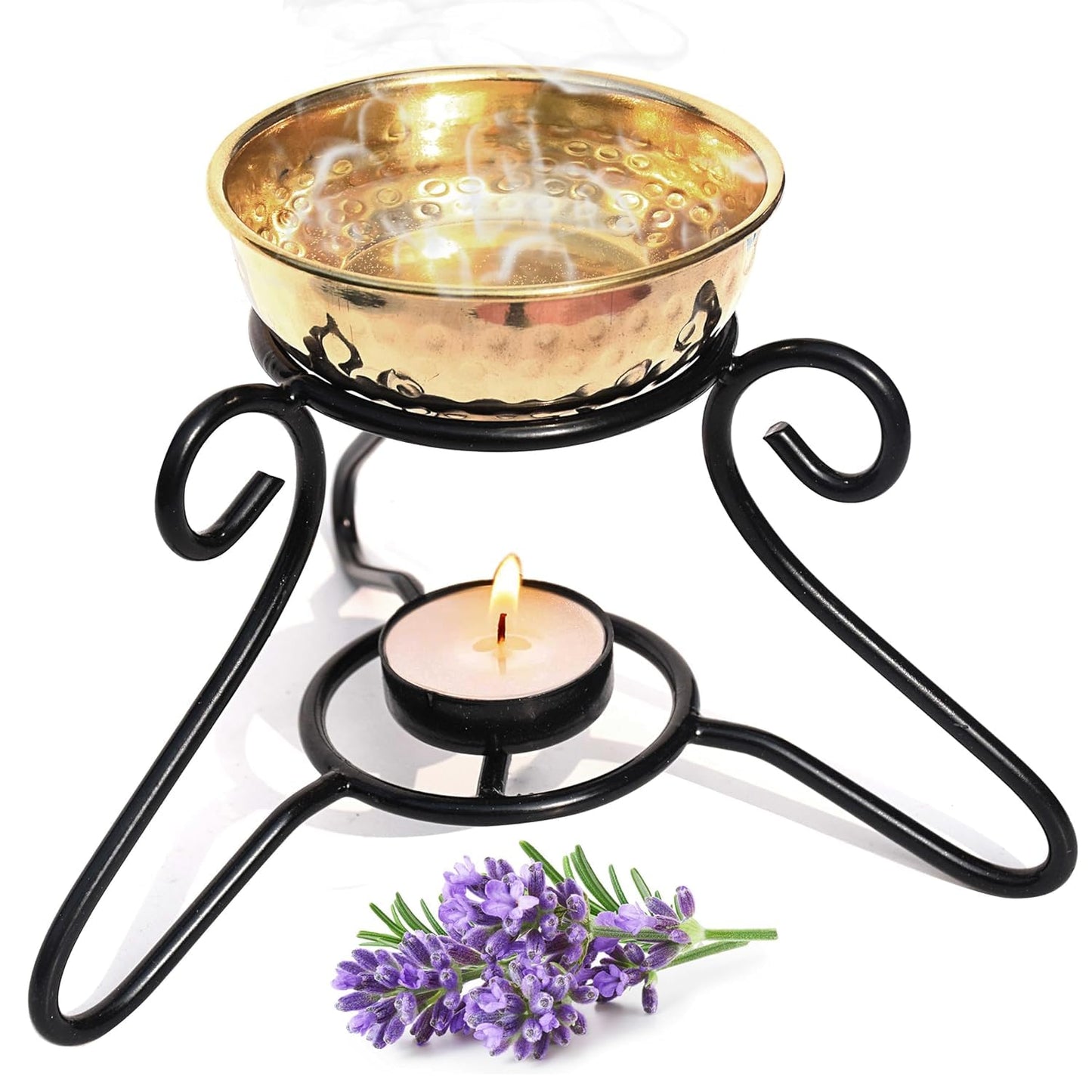 Pure Source India Metal Oil Burner with Brass Bowl, Handcrafted Brass Bowl with Sturdy Iron Stand | Aroma Oil Diffuser for Home, Spa, Office, Outdoor Decor, Meditation & Relaxation