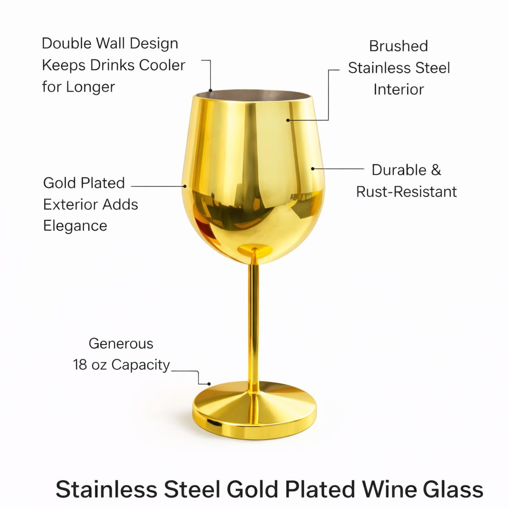 Pure Source India Stainless Steel Gold Plated Wine Glass Set of 2 | 350ML Premium Metal Wine Goblets | 8.5 Inch Elegant Stemware for Home, Party, Dining, Wedding & Gifting