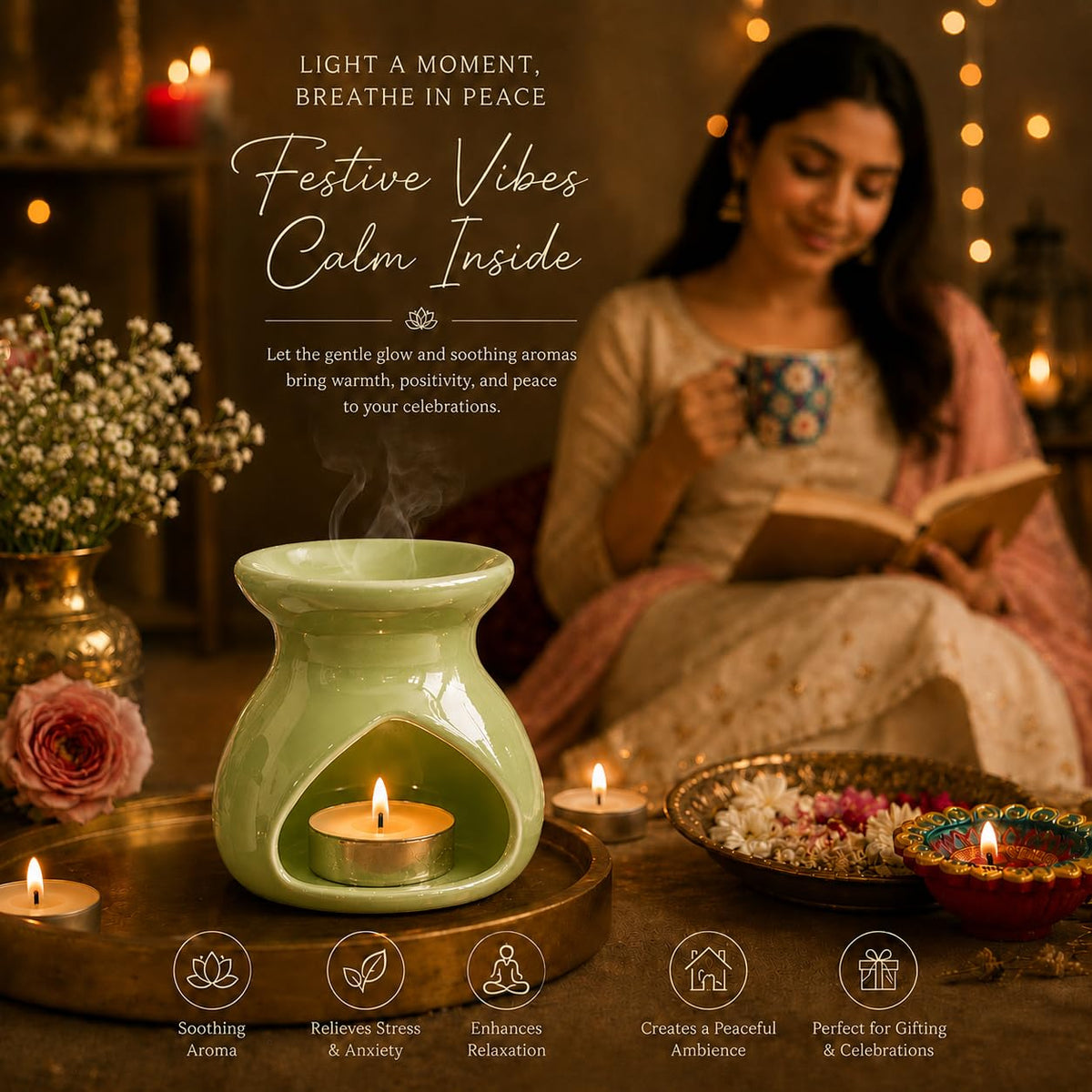 Pure Source India Diwali Pooja Gift Set with Roli Kumkum & Ghee Wicks (Green)