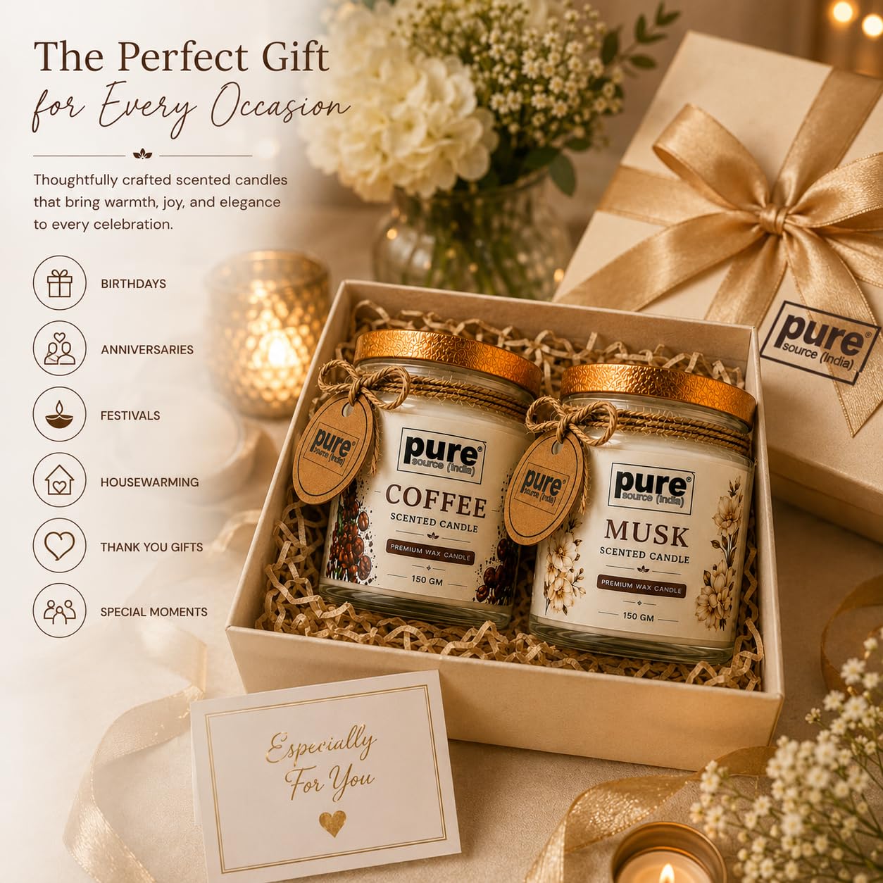 Pure Source India Scented Jar Candle Set of 2 (Coffee & Musk) | 150g Each | Premium Wax Candles | 35-40 Hours Burn Time | Aromatherapy Candles for Home Decor, Diwali, Bedroom, Spa & Gifts