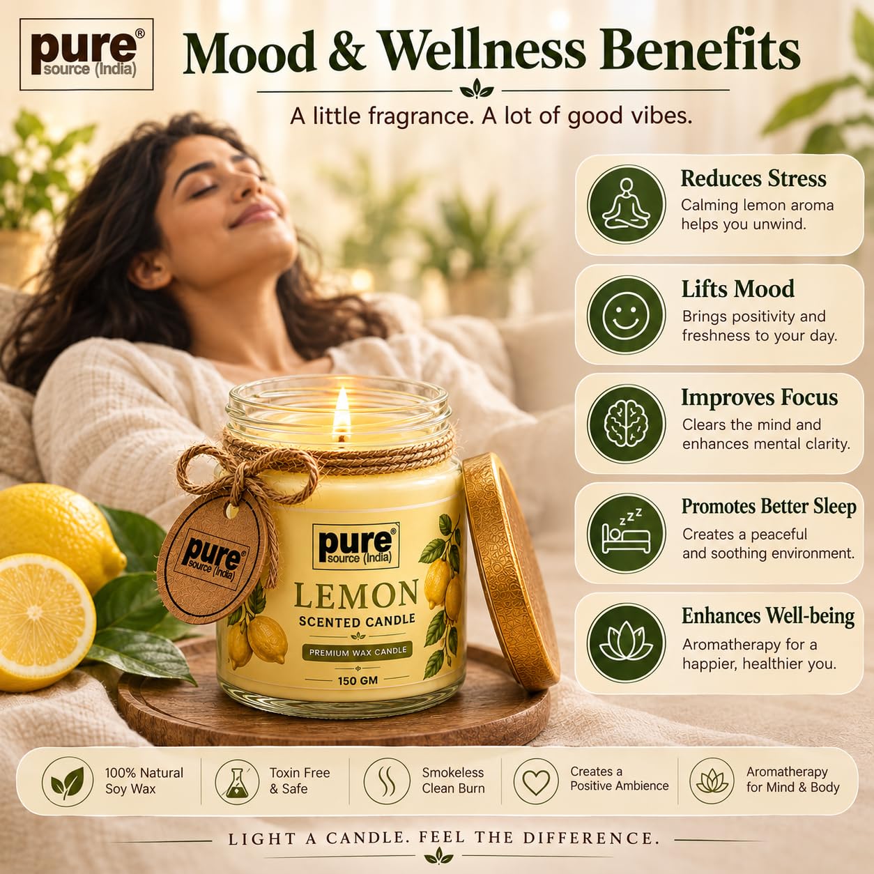 Pure Source India Lemon Scented Jar Candle | 150 GM | Premium Wax Candle | 35-40 Hours Burn Time | Aromatherapy Candle for Home Decor, Bedroom, Spa, Meditation & Gift