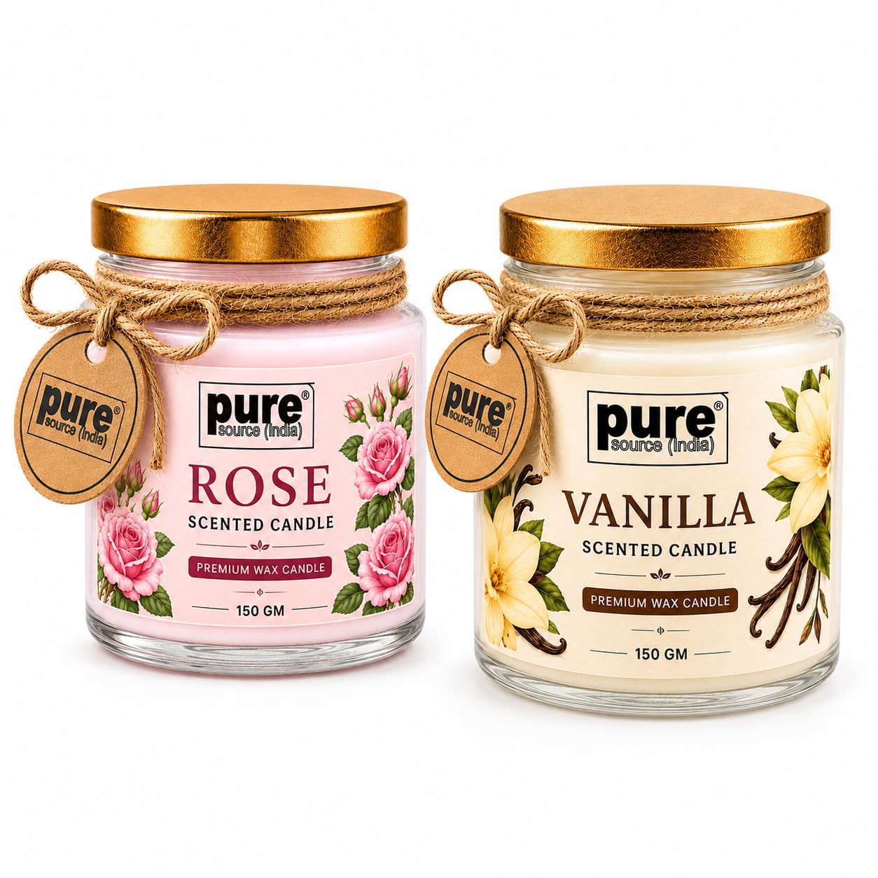 Pure Source India Scented Jar Candle Set of 2 (Rose & Vanilla) | 150 g Each | Premium Wax Candles | 35–40 Hours Burn Time | Aromatherapy Candles for Home Decor, Diwali, Bedroom, Spa & Gifting