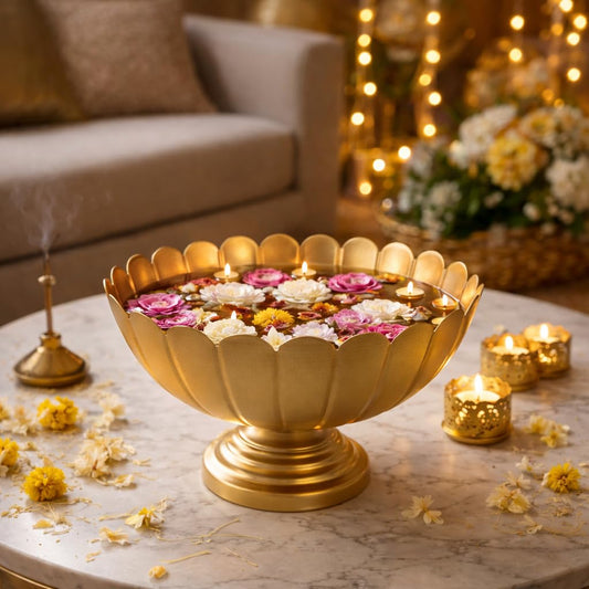 Pure Source India Metal Lotus Urli Bowl with Pedestal Stand, Gold Finish, 8.5 Inch | Decorative Center Table & Pooja Décor for Floating Flowers, Diyas, Rangoli & Festive Styling