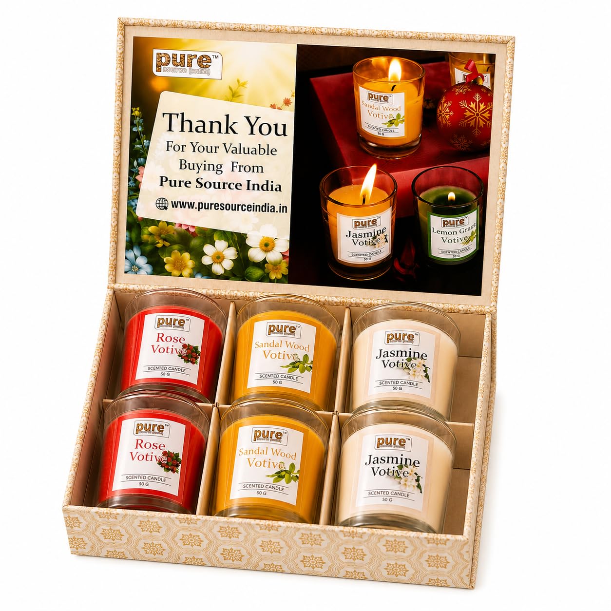 Pure Source India Scented Votive Candle Gift Set of 6 (50g Each) | Premium Glass Jar Candles for Home Décor, Bedroom, Spa, Meditation & Gifting (Rose, Sandalwood, Jasmine)
