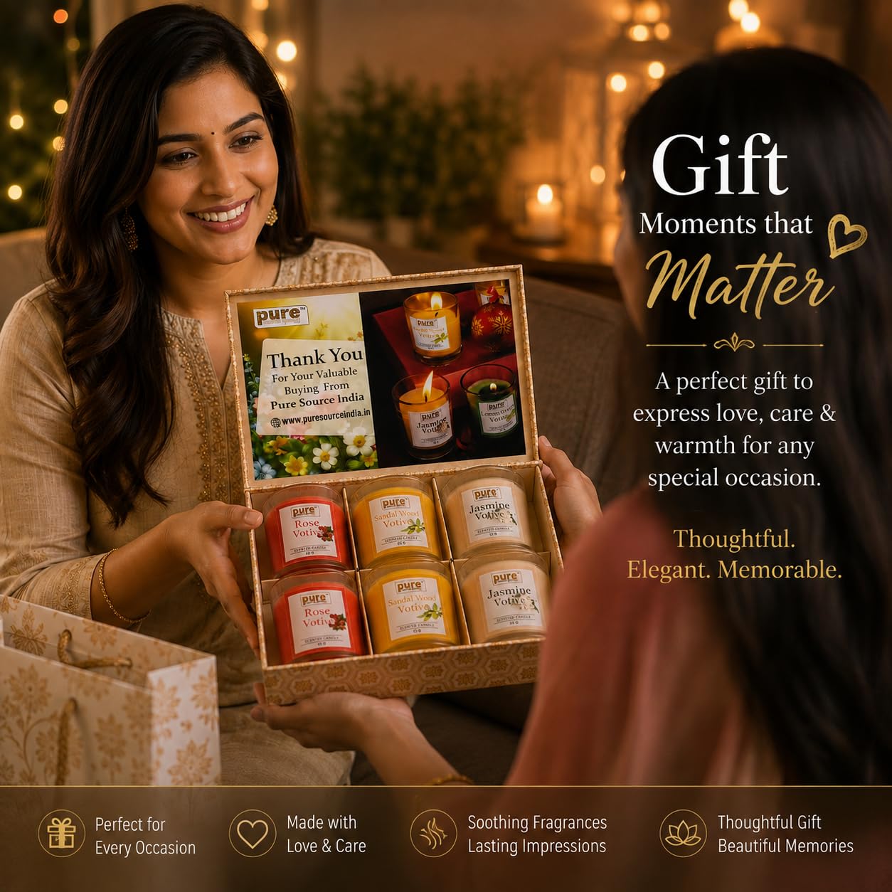 Pure Source India Scented Votive Candle Gift Set of 6 (50g Each) | Premium Glass Jar Candles for Home Décor, Bedroom, Spa, Meditation & Gifting (Rose, Sandalwood, Jasmine)