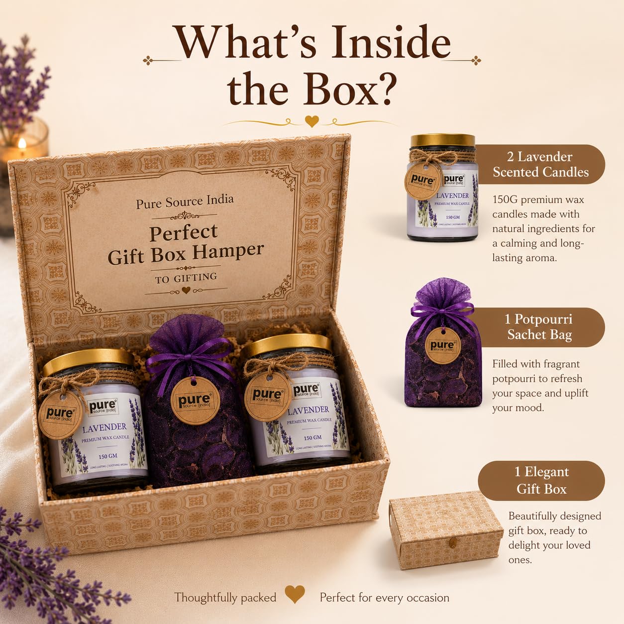 Pure Source India Luxury Festive Gift Box Hamper with Lavender Scented Candles & Purple Potpourri| Premium Gift Set