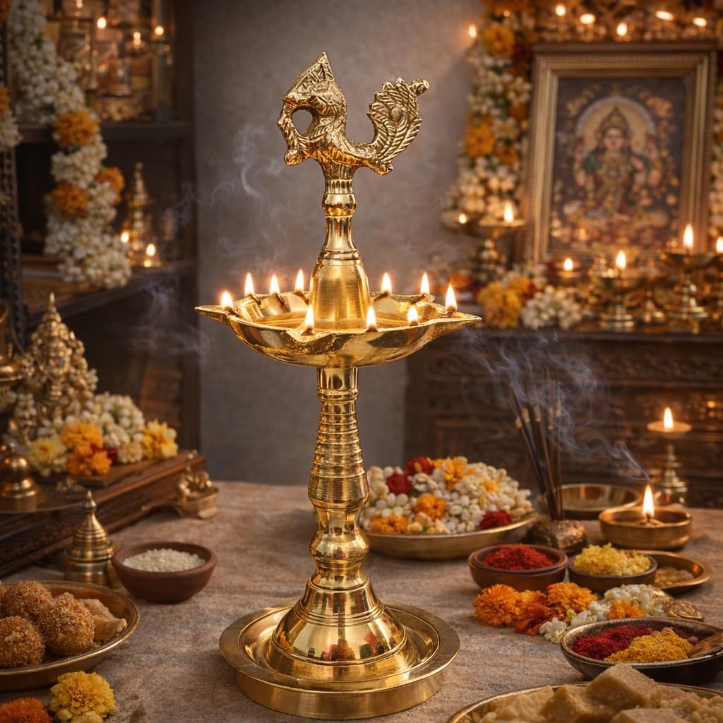 Pure Source India Panchmukhi Brass Oil Lamp, Traditional Peacock Diya | 10.5 Inch Tall Deepam for Pooja, Aarti, Diwali, Home Temple, Mandir & Religious Ceremonies