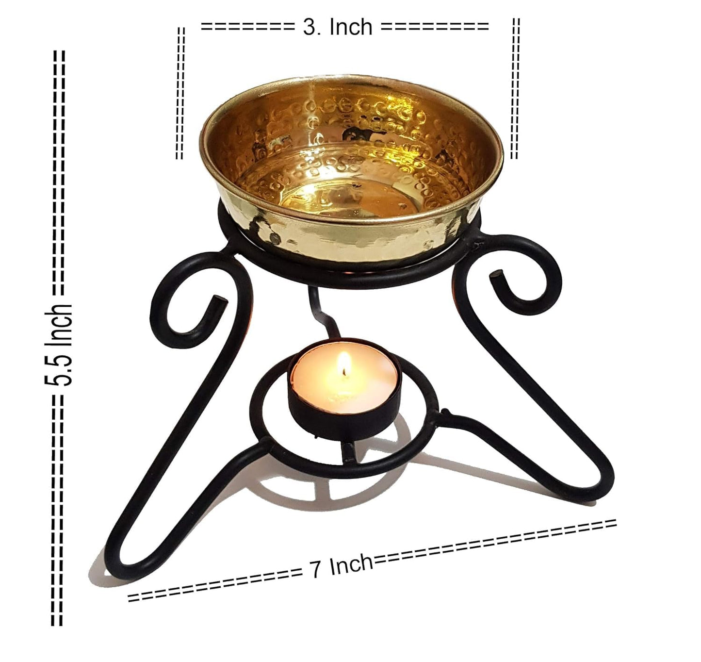 Pure Source India Metal Oil Burner with Brass Bowl, Handcrafted Brass Bowl with Sturdy Iron Stand | Aroma Oil Diffuser for Home, Spa, Office, Outdoor Decor, Meditation & Relaxation