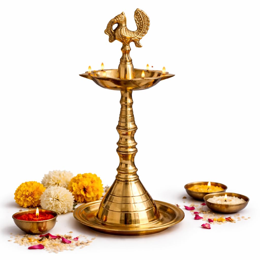 Pure Source India Panchmukhi Brass Oil Lamp, Traditional Peacock Diya | 12.5 Inch Tall Deepam for Pooja, Aarti, Diwali, Home Temple, Mandir & Religious Ceremonies