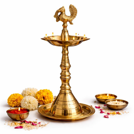 Pure Source India Panchmukhi Brass Oil Lamp, Traditional Peacock Diya | 12.5 Inch Tall Deepam for Pooja, Aarti, Diwali, Home Temple, Mandir & Religious Ceremonies