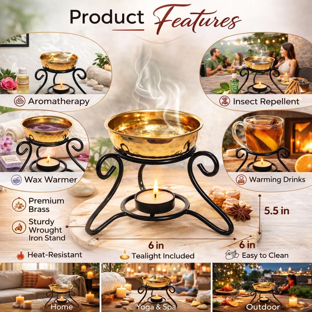 Pure Source India Metal Oil Burner with Brass Bowl, Handcrafted Brass Bowl with Sturdy Iron Stand | Aroma Oil Diffuser for Home, Spa, Office, Outdoor Decor, Meditation & Relaxation