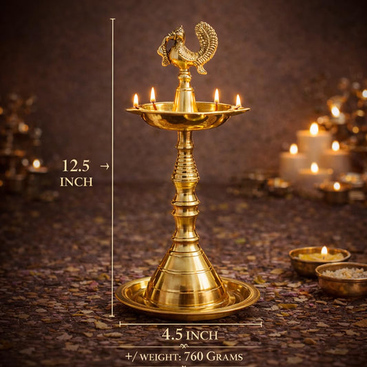 Pure Source India Panchmukhi Brass Oil Lamp, Traditional Peacock Diya | 12.5 Inch Tall Deepam for Pooja, Aarti, Diwali, Home Temple, Mandir & Religious Ceremonies