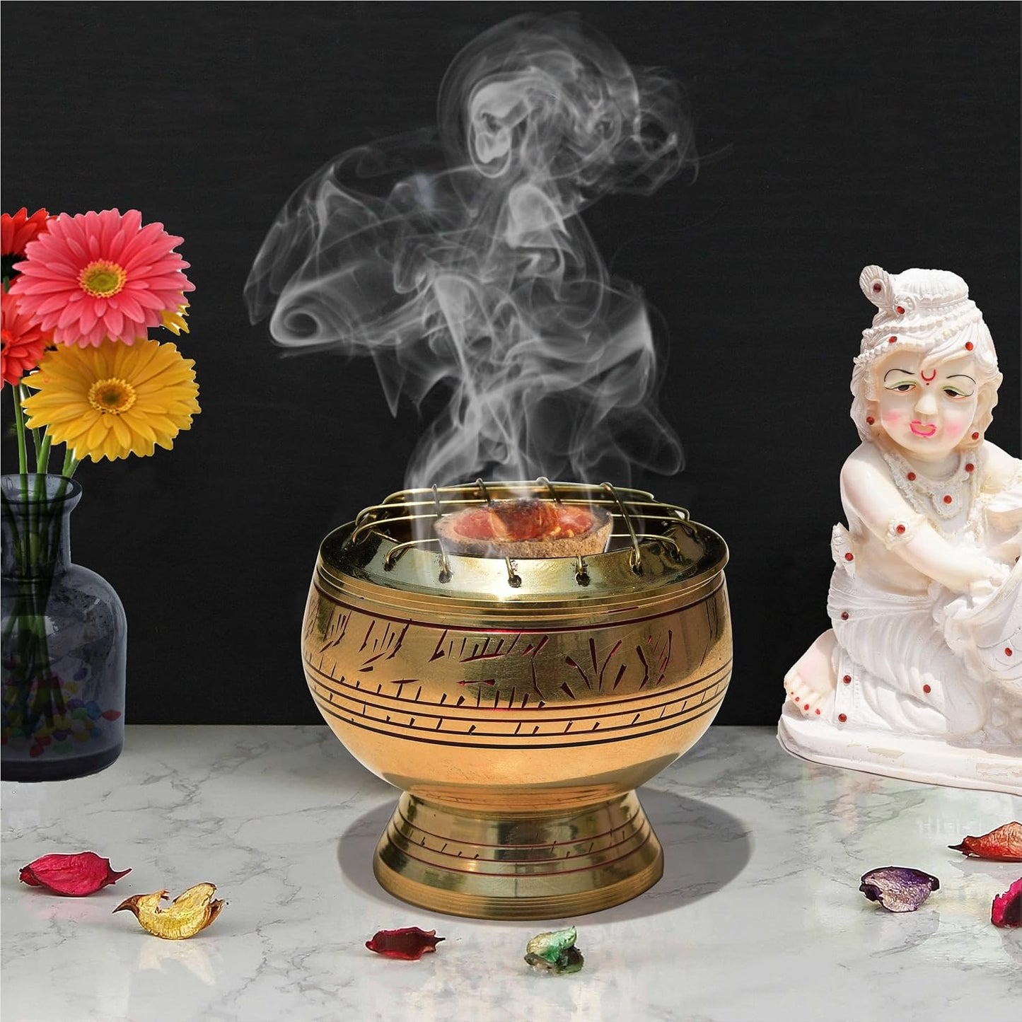 Pure Source India Pure Brass Kapoor Dani Dhoop Dani Lamp Burner with Cover, 2.3 Inch 50 ML | Traditional Brass Camphor Burner for Pooja, Mandir, Temple, Home, Office & Aarti