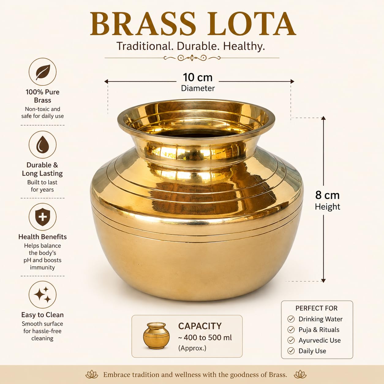 Pure Source India Brass Lota for Puja | Brass Kalash 500 ML | 4 Inch Gold Finish Traditional Pooja Lota | Hindu Religious Pooja Item for Home Temple & Decoration