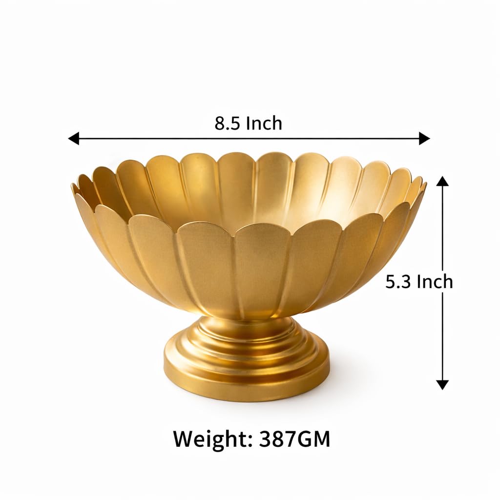 Pure Source India Metal Lotus Urli Bowl with Pedestal Stand, Gold Finish, 8.5 Inch | Decorative Center Table & Pooja Décor for Floating Flowers, Diyas, Rangoli & Festive Styling