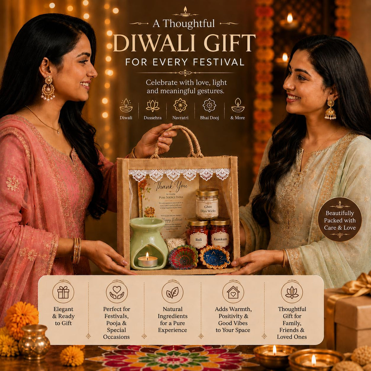 Pure Source India Diwali Pooja Gift Set with Roli Kumkum & Ghee Wicks (Green)