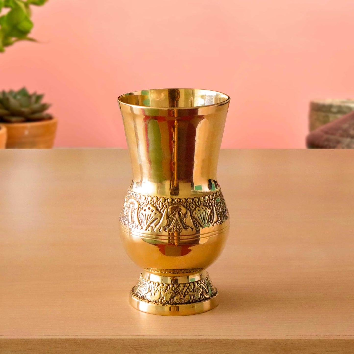 Pure Source India Pure Brass Glass Tumbler 300ml | Embossed Mughlai Goblet Cup | Traditional Brass Drinkware for Home, Hotel, Restaurant, Dining, Pooja & Gifting