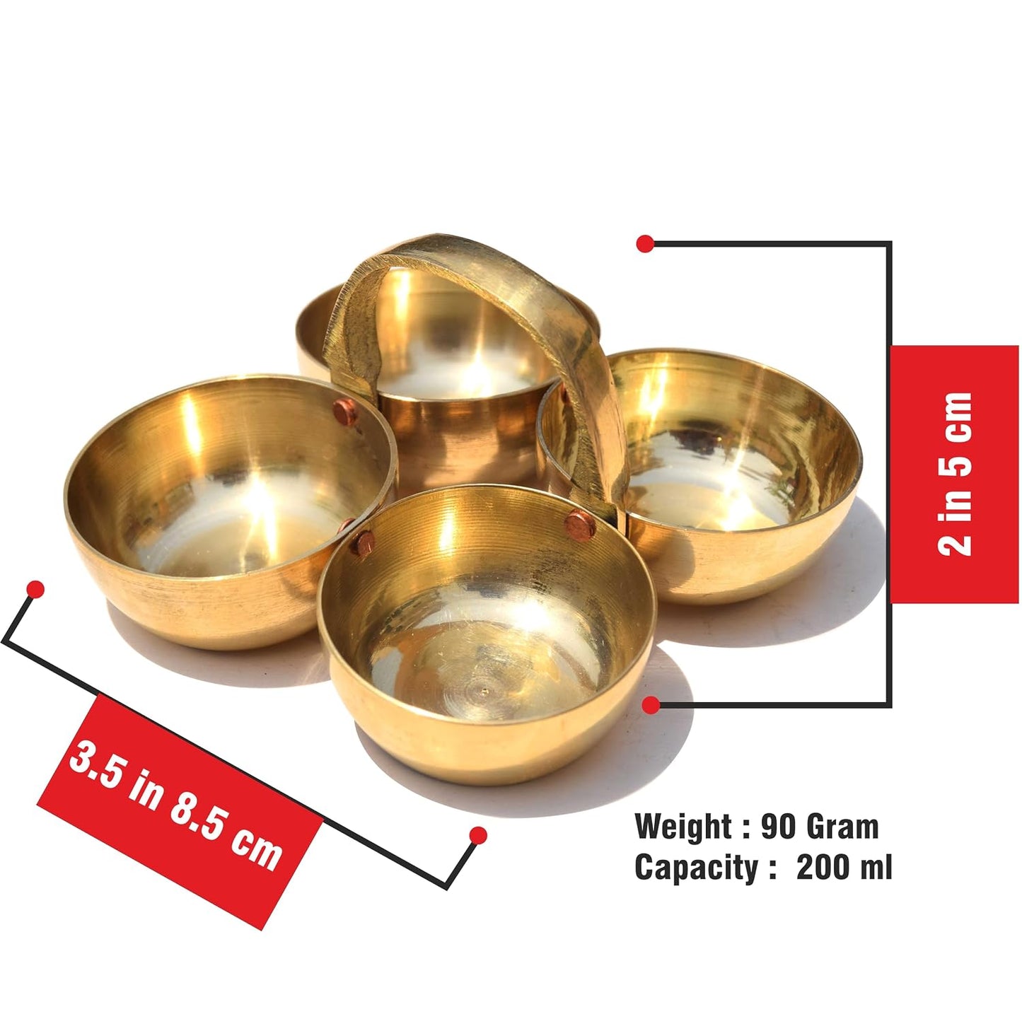 Pure Source India Pure Brass Roli Chawal Haldi Kumkum Katori with Handle, 20 ML Small Pooja Bowl | Traditional Brass Chawmukh for Home Mandir, Puja, Aarti, Wedding & Festivals