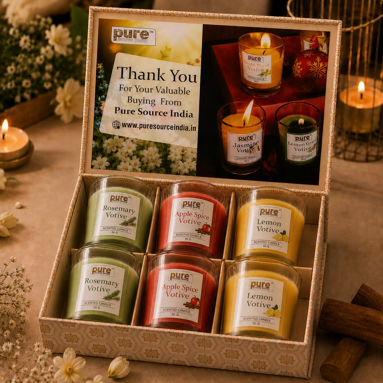 Pure Source India Scented Votive Candle Gift Set of 6 (50g Each) | Premium Glass Jar Candles for Home Décor, Bedroom, Spa, Meditation & Gifting (Rosemary, Apple Spice & Lemon)