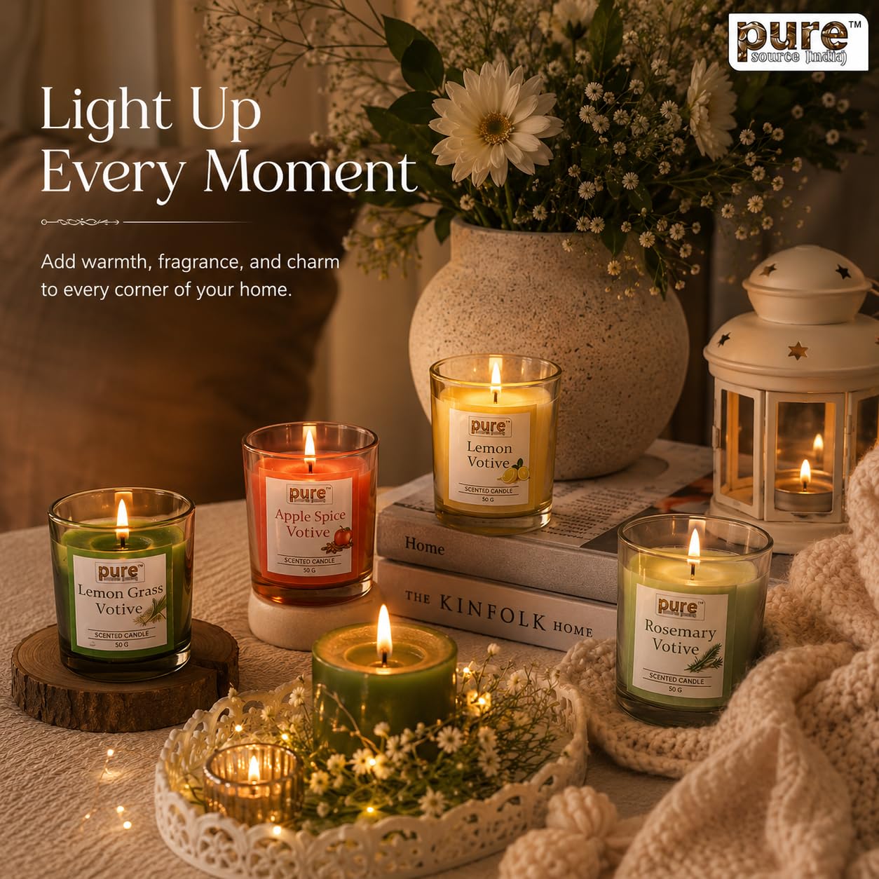 Pure Source India Scented Votive Candle Gift Set of 6 (50g Each) | Premium Glass Jar Candles for Home Décor, Bedroom, Spa, Meditation & Gifting (Rosemary, Apple Spice & Lemon)