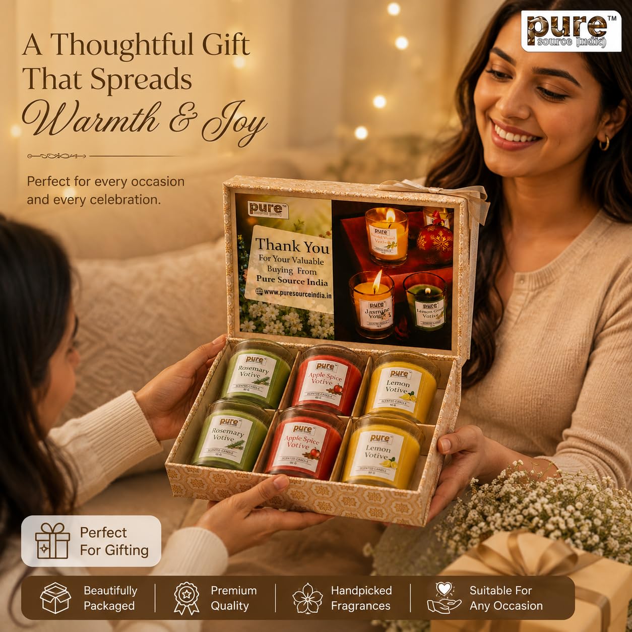 Pure Source India Scented Votive Candle Gift Set of 6 (50g Each) | Premium Glass Jar Candles for Home Décor, Bedroom, Spa, Meditation & Gifting (Rosemary, Apple Spice & Lemon)