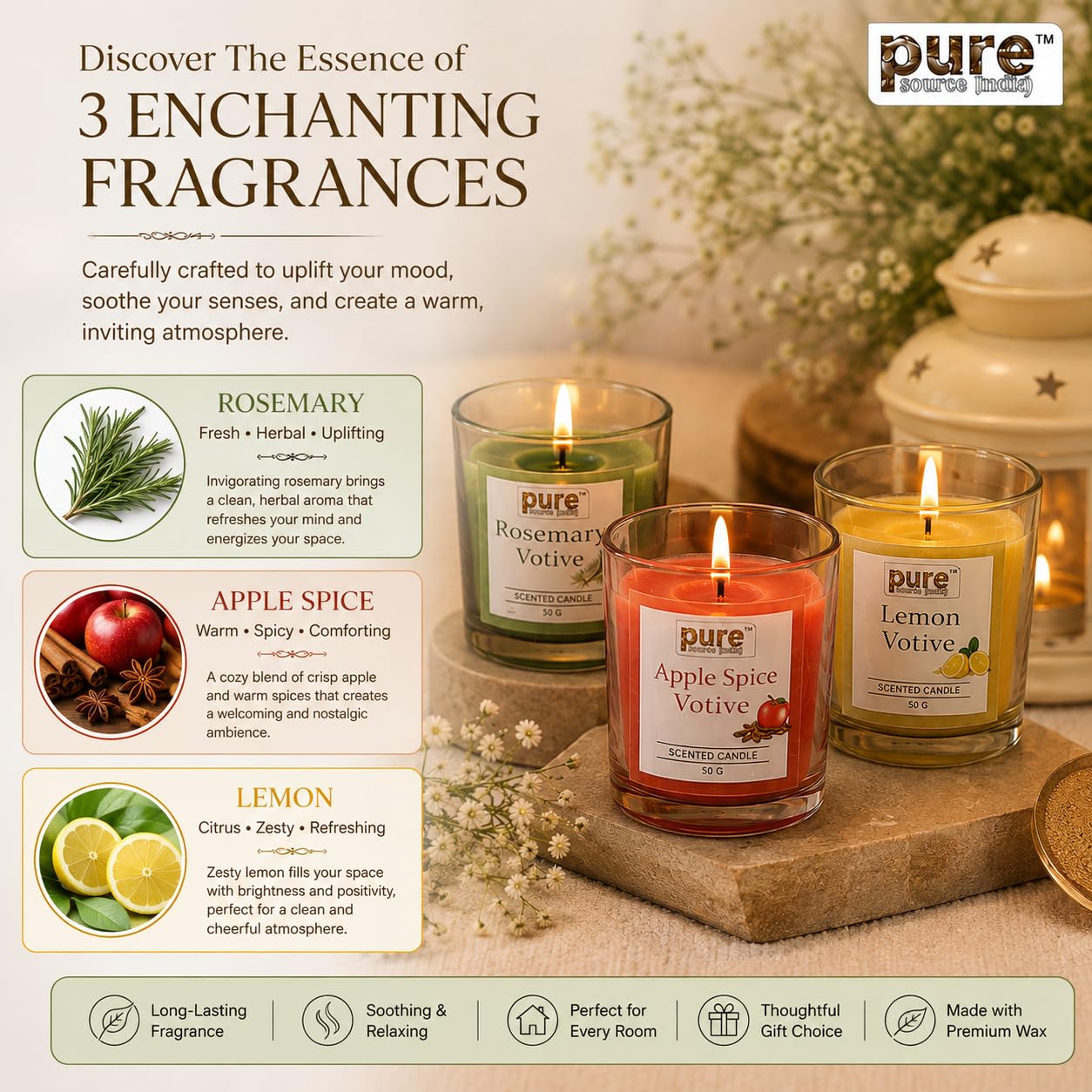 Pure Source India Scented Votive Candle Gift Set of 6 (50g Each) | Premium Glass Jar Candles for Home Décor, Bedroom, Spa, Meditation & Gifting (Rosemary, Apple Spice & Lemon)