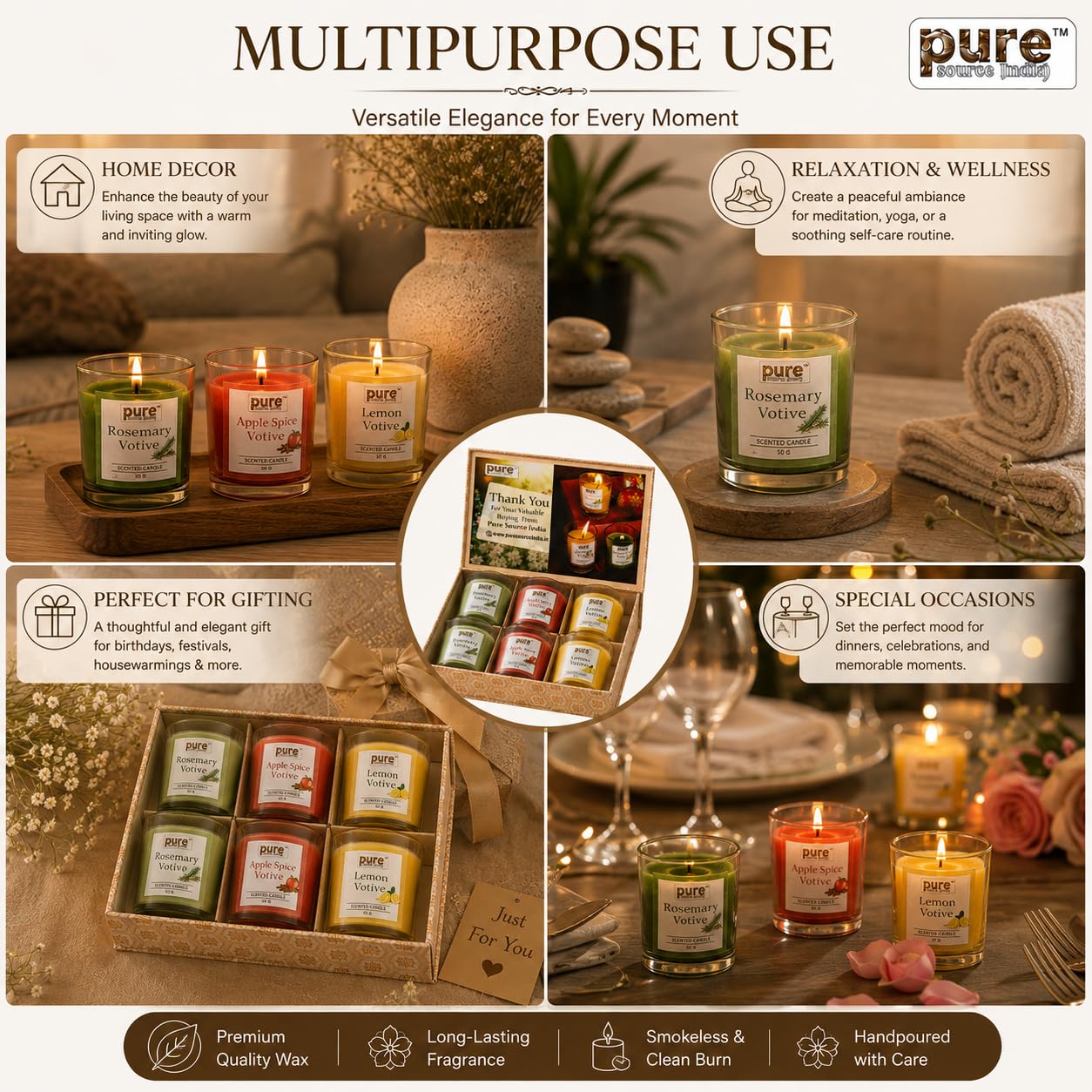 Pure Source India Scented Votive Candle Gift Set of 6 (50g Each) | Premium Glass Jar Candles for Home Décor, Bedroom, Spa, Meditation & Gifting (Rosemary, Apple Spice & Lemon)