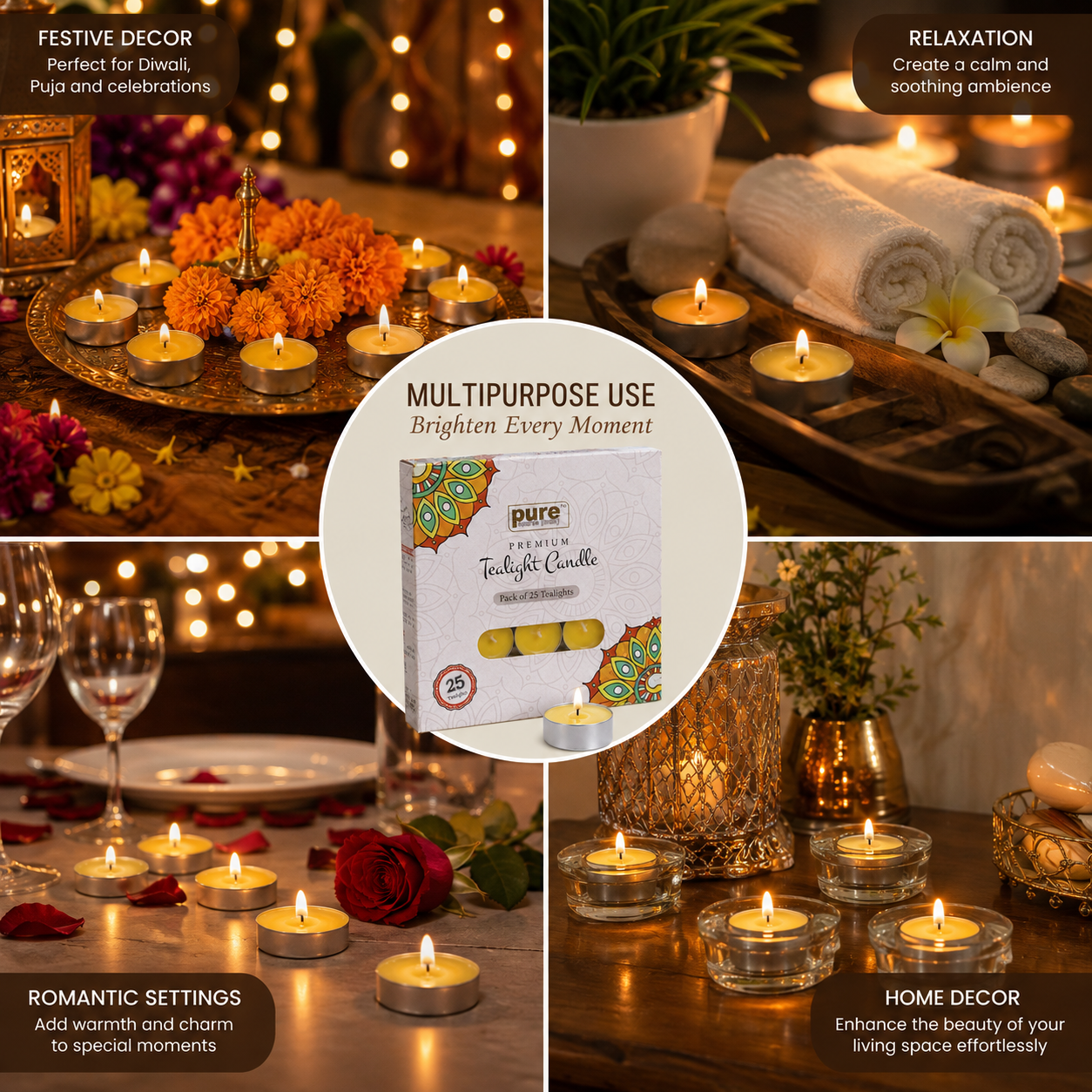 Pure Source India Scented Sandalwood Tea Light Candles Pack of 25 | Fragrance Tealights for Home Decor, Meditation, Pooja, Diwali, Parties & Aromatherapy | Long-Lasting Decorative Candles