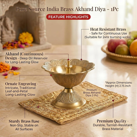Pure Source India Brass Akhand Diya/Oil Lamp for Pooja, Mandir and Home Decoration (L-2.75inch) 1pcs