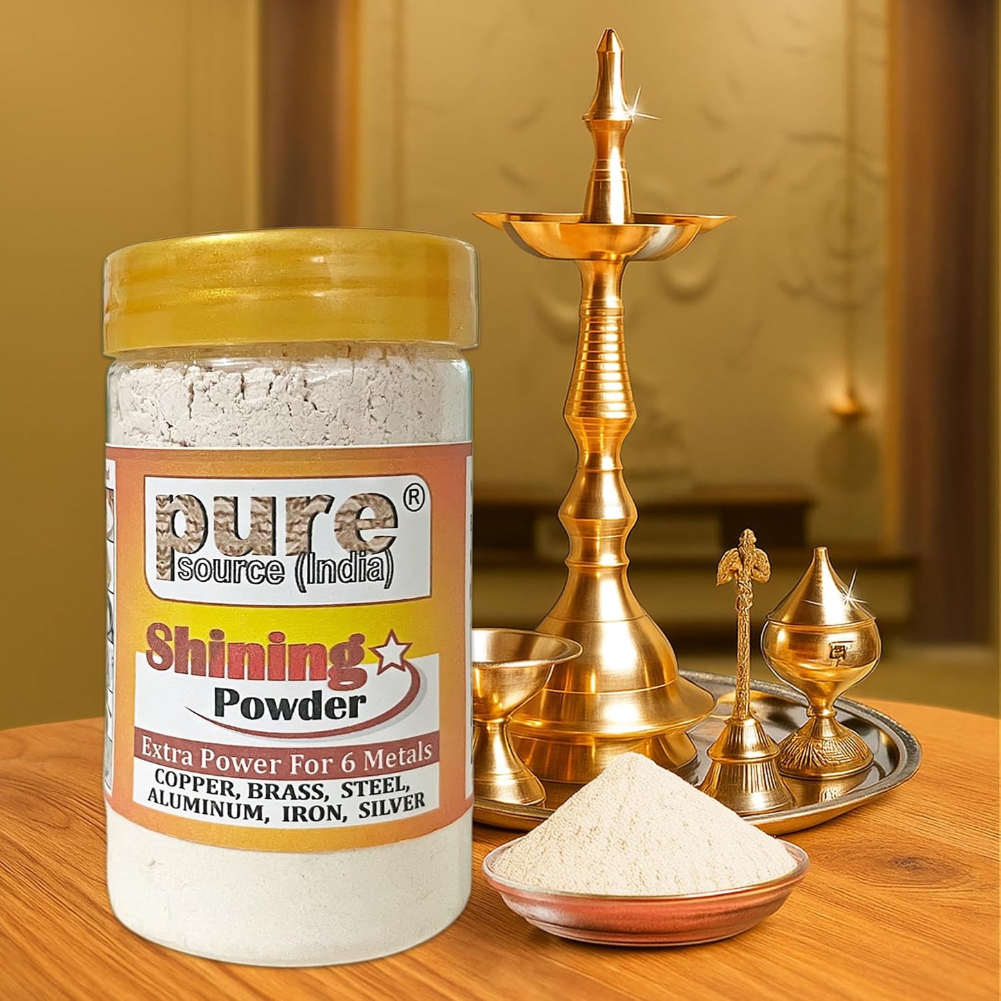 Pure Source India Brass & Copper Shining Powder, 200 GM Metal Cleaner | Brass Polish Powder for Utensils, Pooja Items, Diya, Thali, Lota & Traditional Metalware