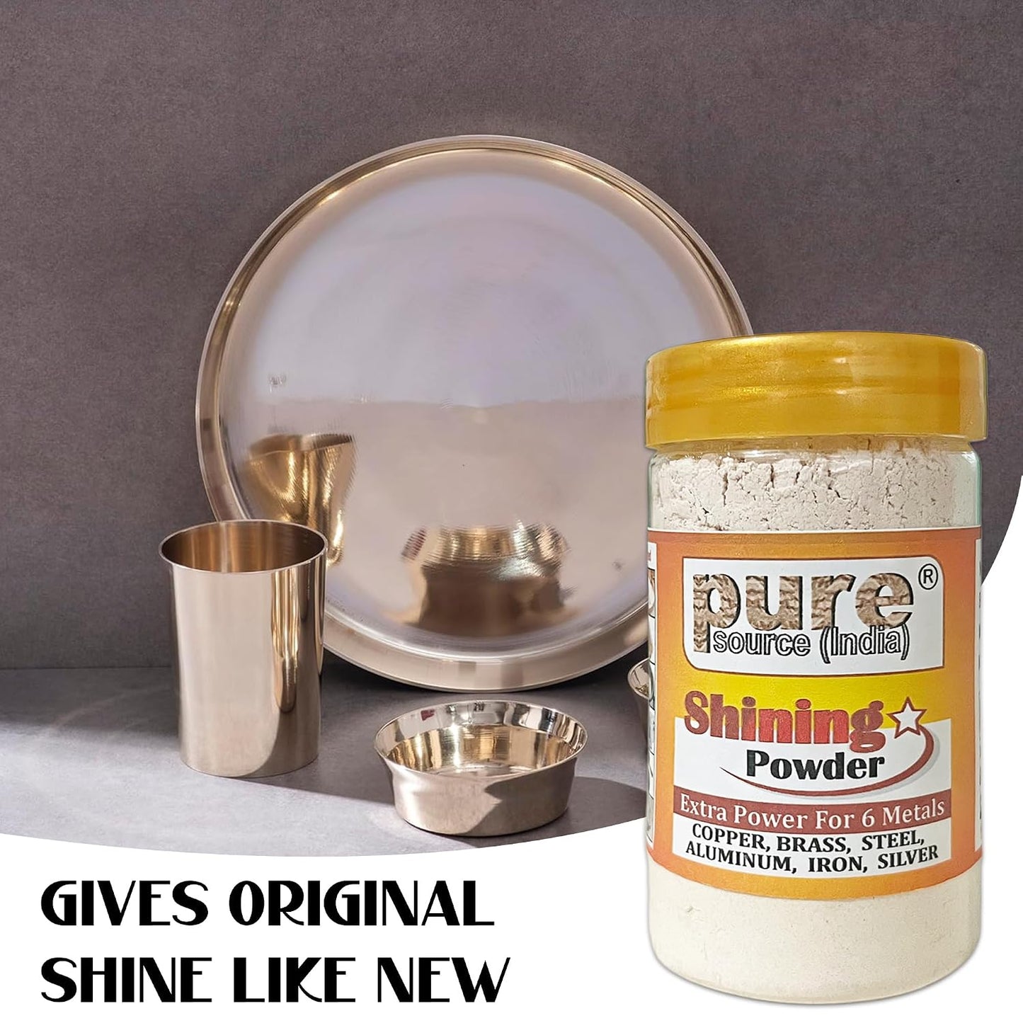 Pure Source India Brass & Copper Shining Powder, 200 GM Metal Cleaner | Brass Polish Powder for Utensils, Pooja Items, Diya, Thali, Lota & Traditional Metalware