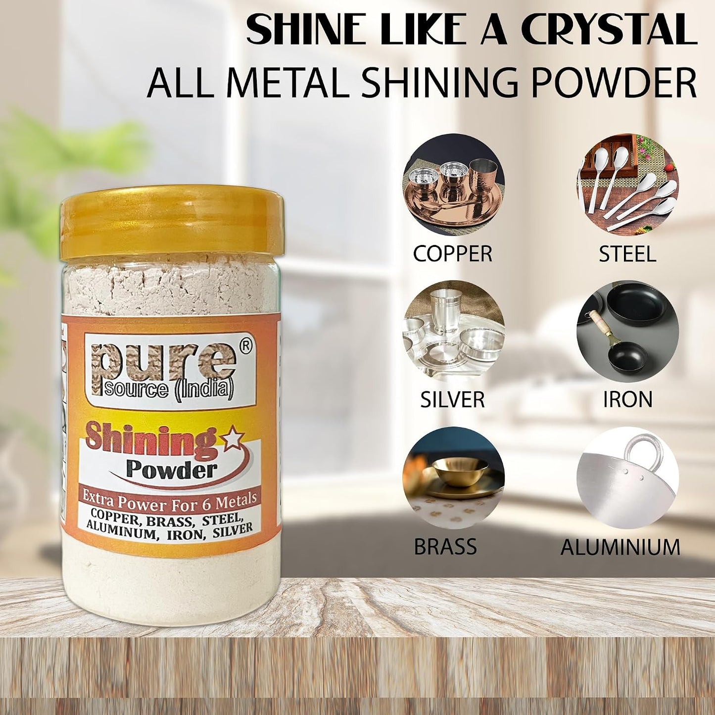Pure Source India Brass & Copper Shining Powder, 200 GM Metal Cleaner | Brass Polish Powder for Utensils, Pooja Items, Diya, Thali, Lota & Traditional Metalware