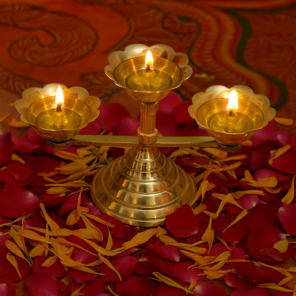 Pure Source India Pure Brass 3 Mukhi Flower Design Diya, 8 x 4.75 Inch | Traditional Brass Oil Lamp for Mandir, Pooja Room, Home Temple, Aarti, Diwali & Festivals
