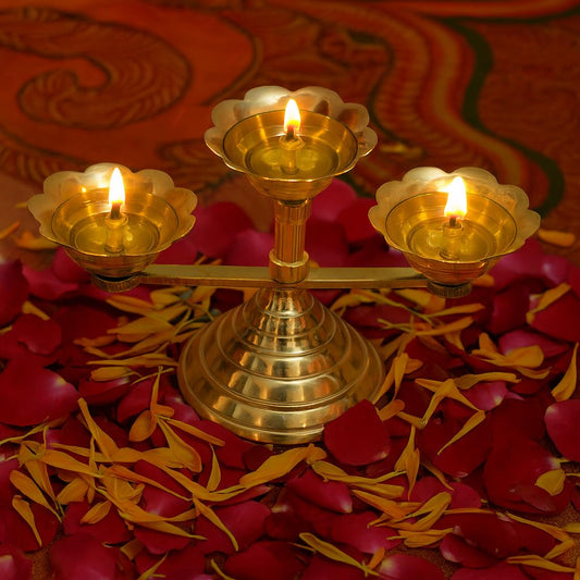 Pure Source India Pure Brass 3 Mukhi Flower Design Diya, 8 x 4.75 Inch | Traditional Brass Oil Lamp for Mandir, Pooja Room, Home Temple, Aarti, Diwali & Festivals