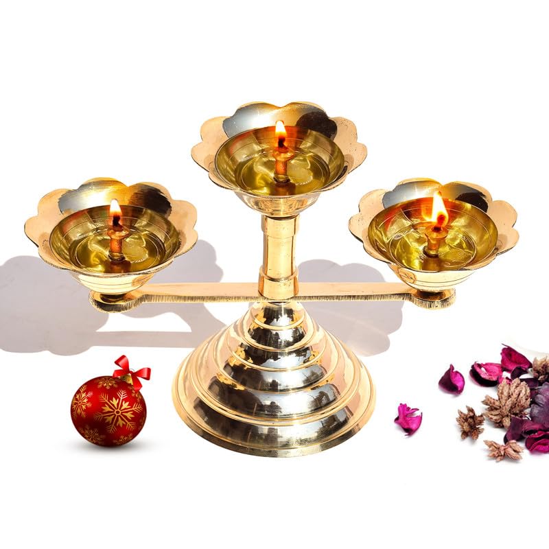 Pure Source India Pure Brass 3 Mukhi Flower Design Diya, 8 x 4.75 Inch | Traditional Brass Oil Lamp for Mandir, Pooja Room, Home Temple, Aarti, Diwali & Festivals