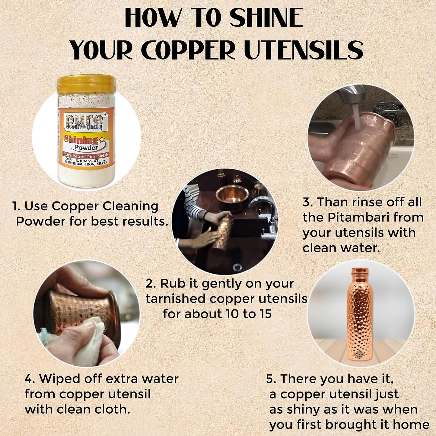 Pure Source India Brass & Copper Shining Powder, 200 GM Metal Cleaner | Brass Polish Powder for Utensils, Pooja Items, Diya, Thali, Lota & Traditional Metalware