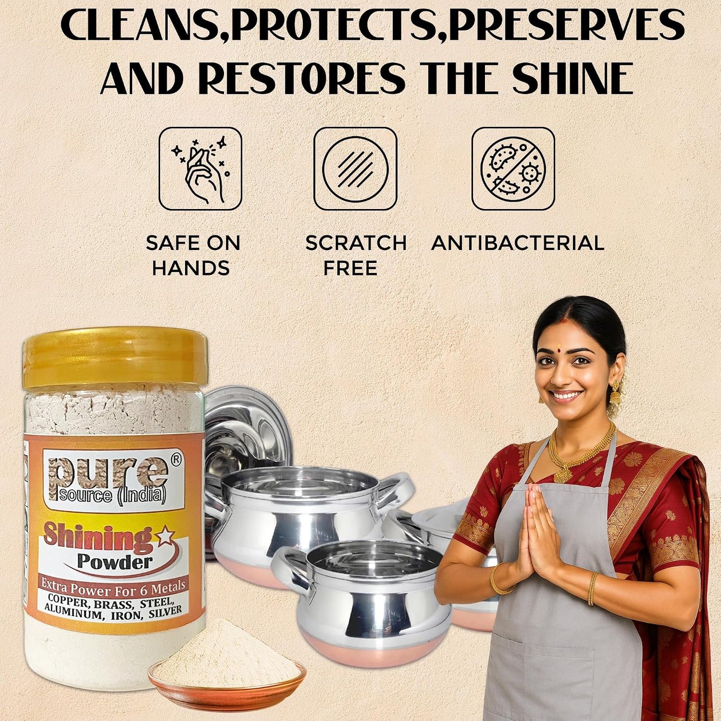 Pure Source India Brass & Copper Shining Powder, 200 GM Metal Cleaner | Brass Polish Powder for Utensils, Pooja Items, Diya, Thali, Lota & Traditional Metalware