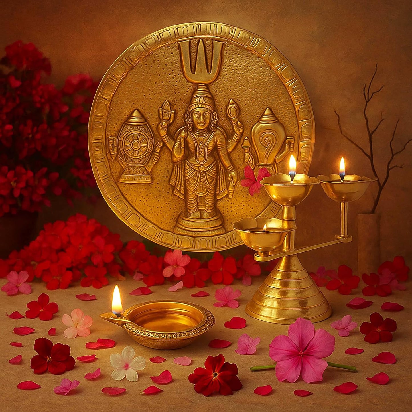 Pure Source India Pure Brass 3 Mukhi Flower Design Diya, 8 x 4.75 Inch | Traditional Brass Oil Lamp for Mandir, Pooja Room, Home Temple, Aarti, Diwali & Festivals