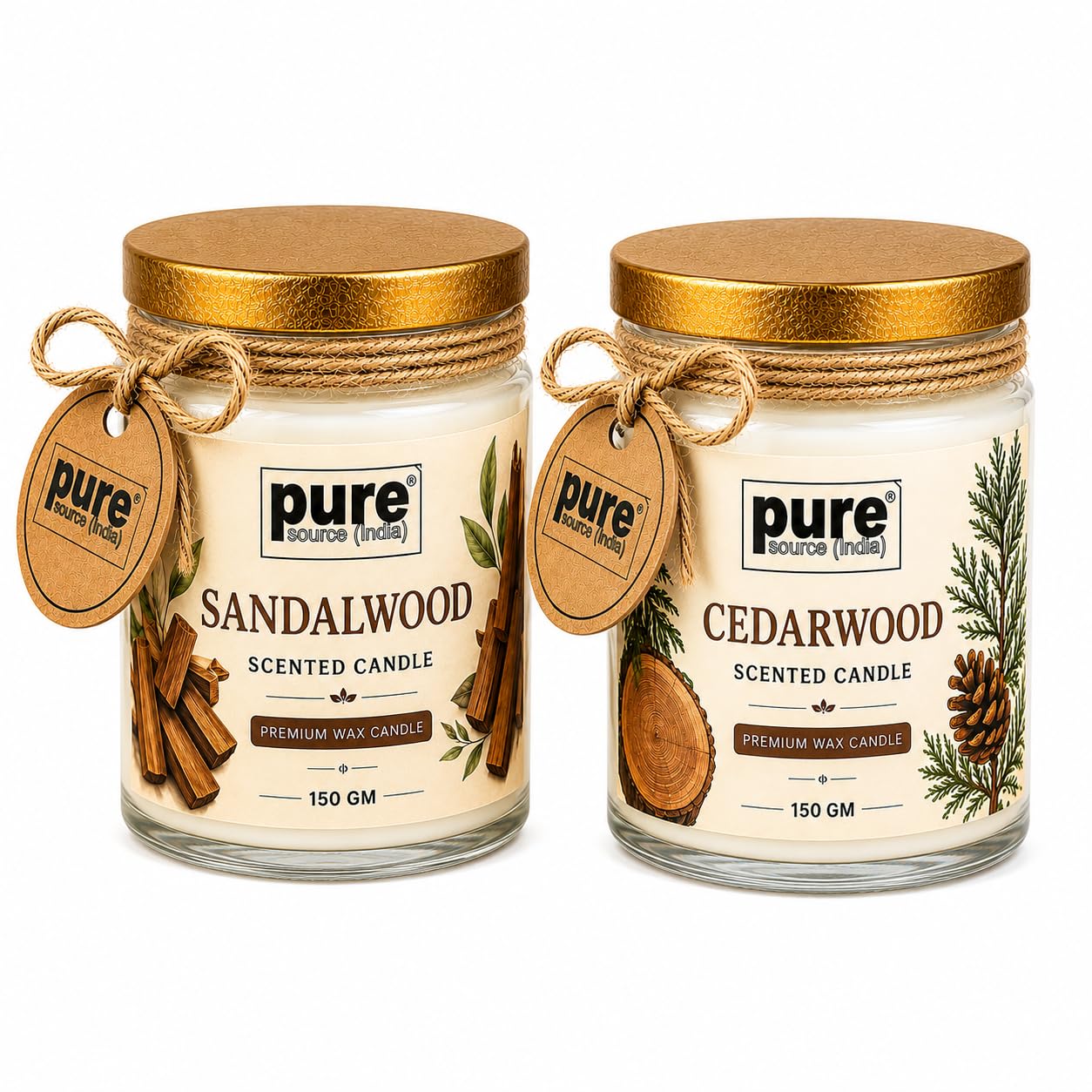 Pure Source India Scented Jar Candle Set of 2 (Sandalwood & Cedarwood) | 150g Each | Premium Wax Candles | 35-40 Hours Burn Time | Aromatherapy Candles for Home Decor, Diwali, Bedroom, Spa & Gifts