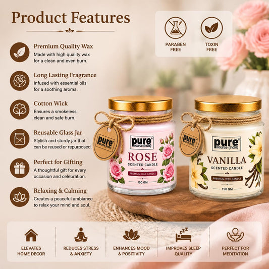 Pure Source India Scented Jar Candle Set of 2 (Rose & Vanilla) | 150 g Each | Premium Wax Candles | 35–40 Hours Burn Time | Aromatherapy Candles for Home Decor, Diwali, Bedroom, Spa & Gifting