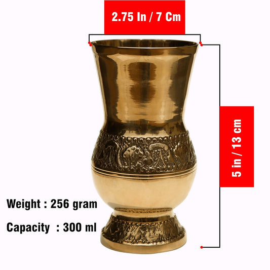 Pure Source India Pure Brass Glass Tumbler 300ml | Embossed Mughlai Goblet Cup | Traditional Brass Drinkware for Home, Hotel, Restaurant, Dining, Pooja & Gifting