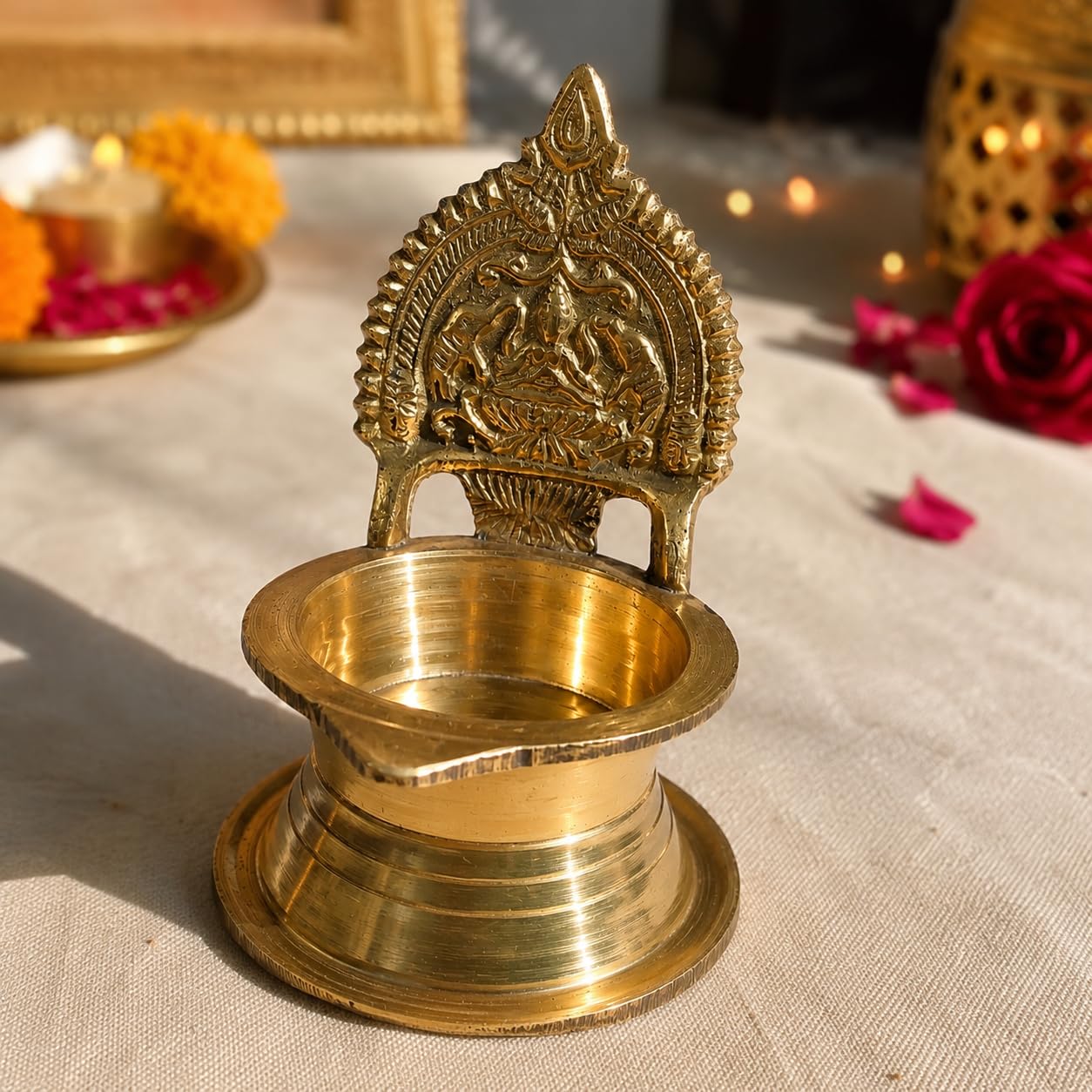 Pure Source India Brass Lakshmi Diya with Deepam Stand, 9.4 cm | Traditional Handmade Oil Lamp for Pooja, Home Temple, Diwali, Navratri, Festivals, Spiritual Décor & Gifting