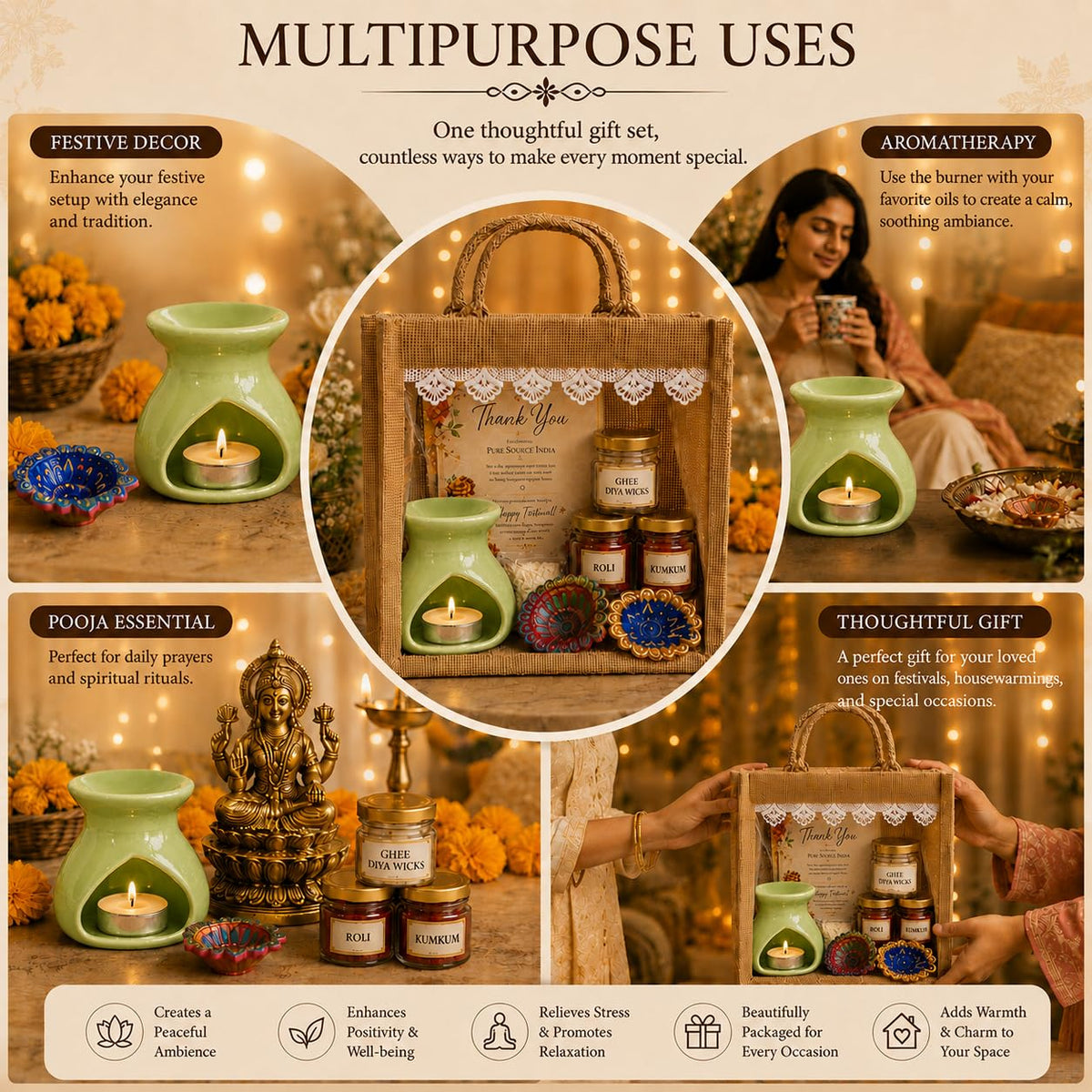 Pure Source India Diwali Pooja Gift Set with Roli Kumkum & Ghee Wicks (Green)