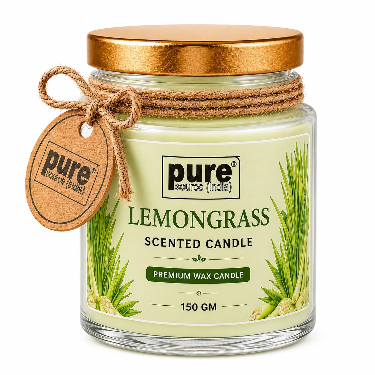 Pure Source India Lemongrass Scented Jar Candle | 150 GM | Premium Wax Candle | 35-40 Hours Burn Time | Aromatherapy Candle for Home Decor, Bedroom, Spa, Meditation & Gift